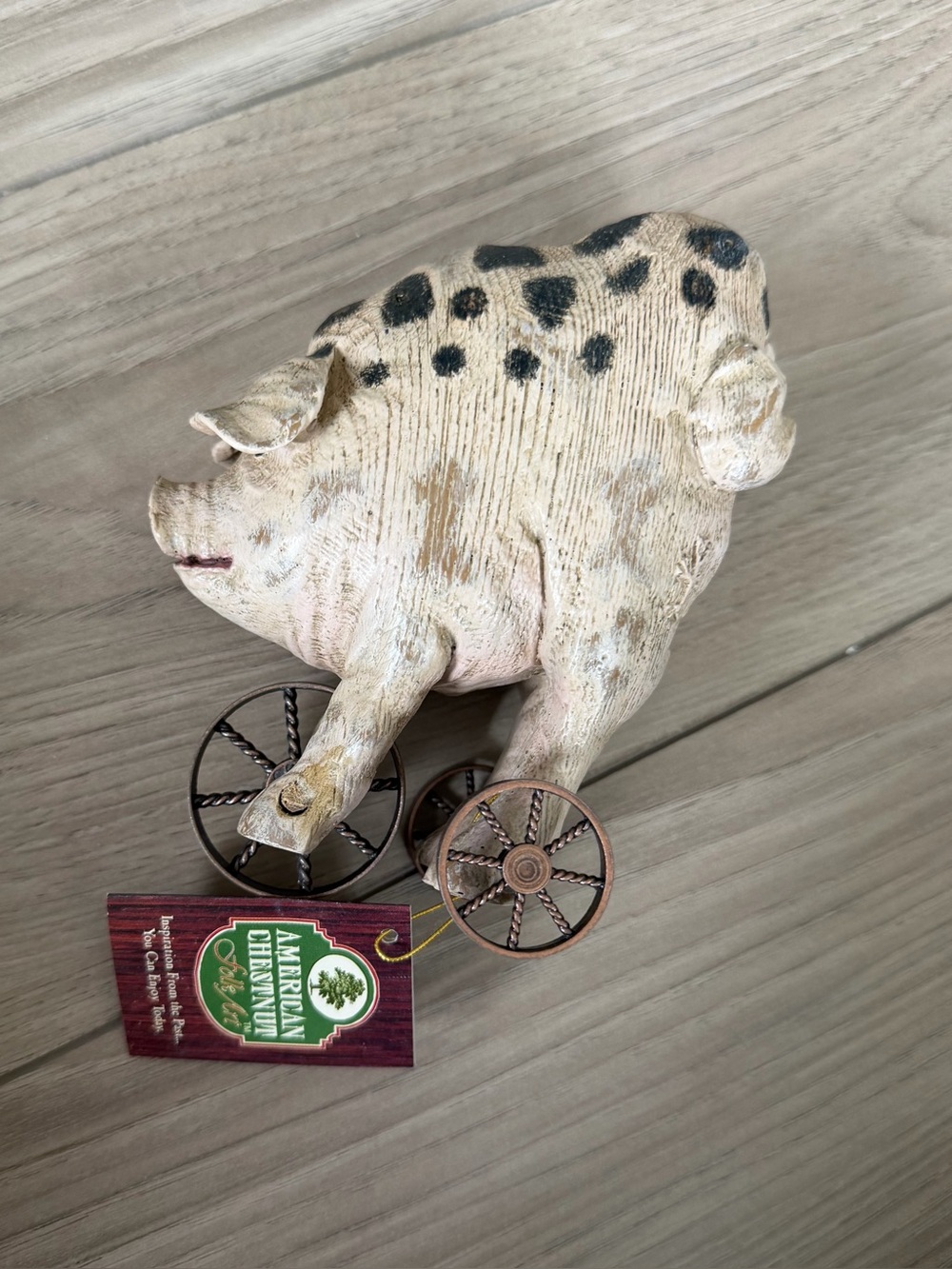 American Chestnut Folk Art Cream & Black Spotted Pig Wheels Pull Toy 5.5” tall